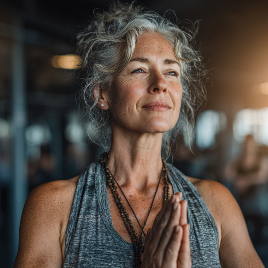 Пожилі люди займаються йогою в парку