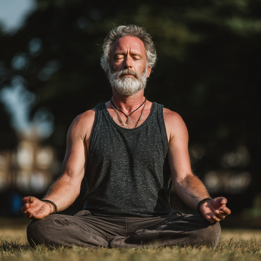 Група людей похилого віку виконує вправи йоги на килимках